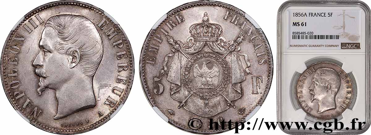 5 francs Napoléon III, tête nue 1856 Paris F.330/6 MS61 NGC