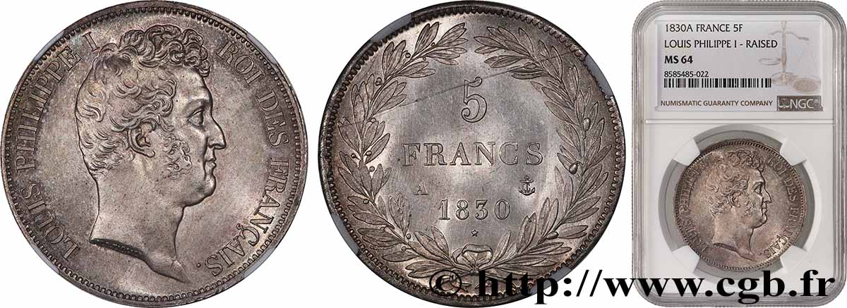 5 francs type Tiolier avec le I, tranche en relief 1830 Paris F.316/1 MS64 NGC