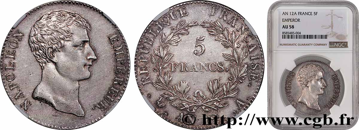 5 francs Napoléon Empereur, type intermédiaire 1804 Paris F.302/1 AU58 NGC