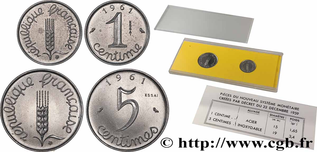 Série de deux essais de 1 et 5 centimes acier, type Épi 1961 Paris F.106/3 SPL 