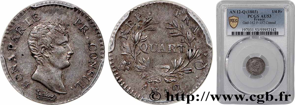 Quart (de franc) Bonaparte Premier Consul 1804 Perpignan F.157/8 TTB53 PCGS