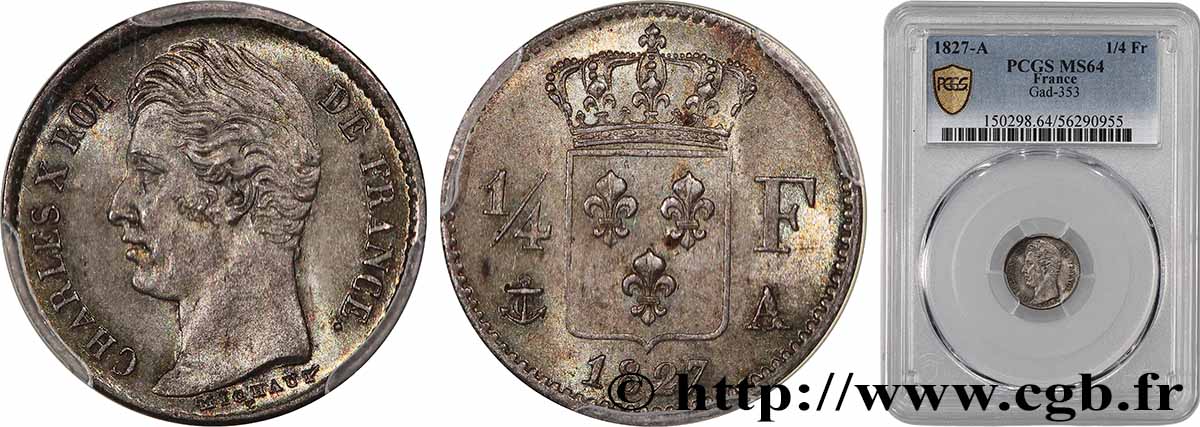 1/4 franc Charles X 1827 Paris F.164/10 fST64 PCGS