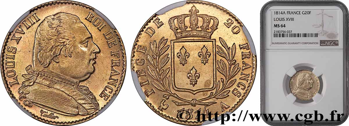 20 francs or Louis XVIII, buste habillé 1814 Paris F.517/1 SPL64 NGC