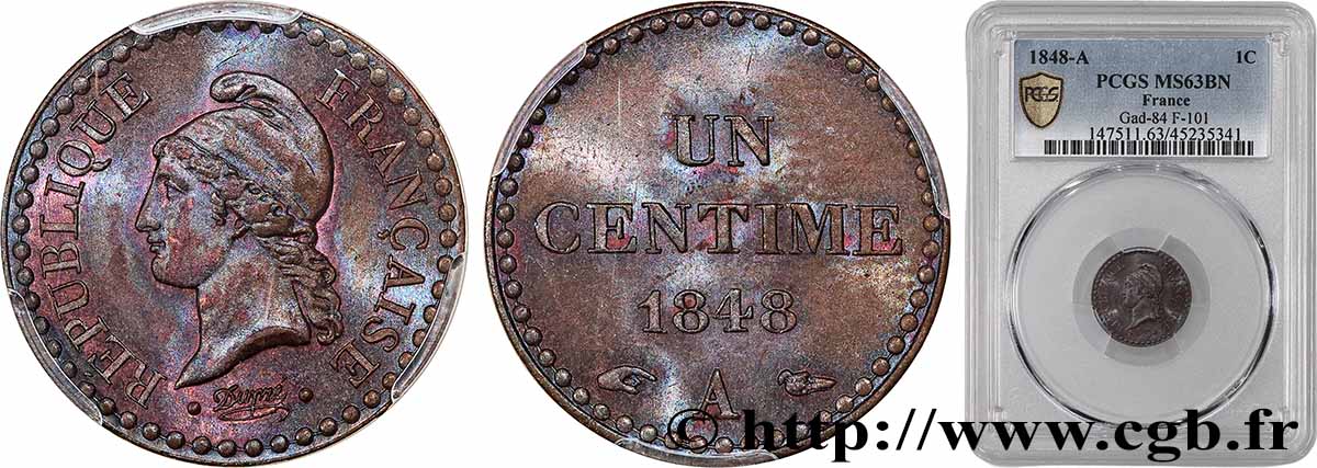 Un centime Dupré, IIe République 1848 Paris F.101/1 SPL63 PCGS