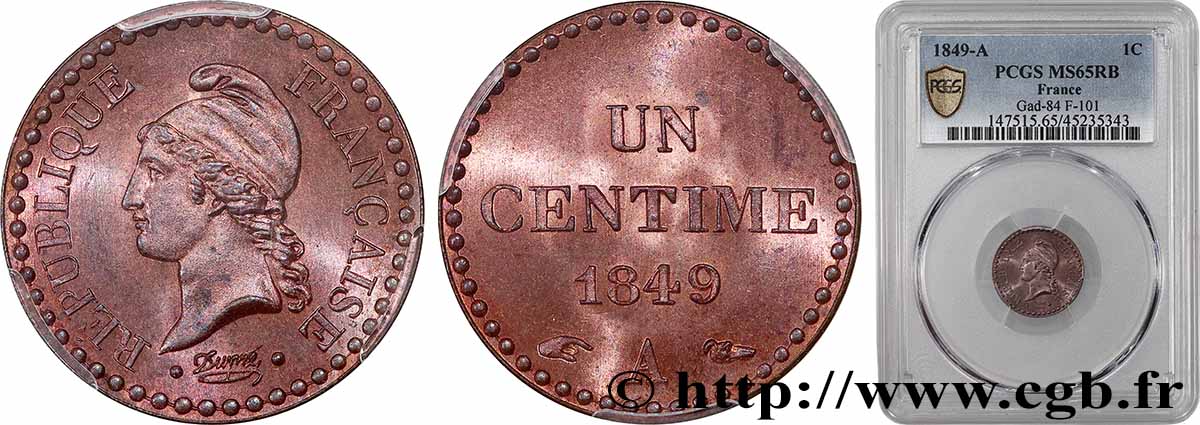 Un centime Dupré, IIe République 1849 Paris F.101/2 FDC65 PCGS