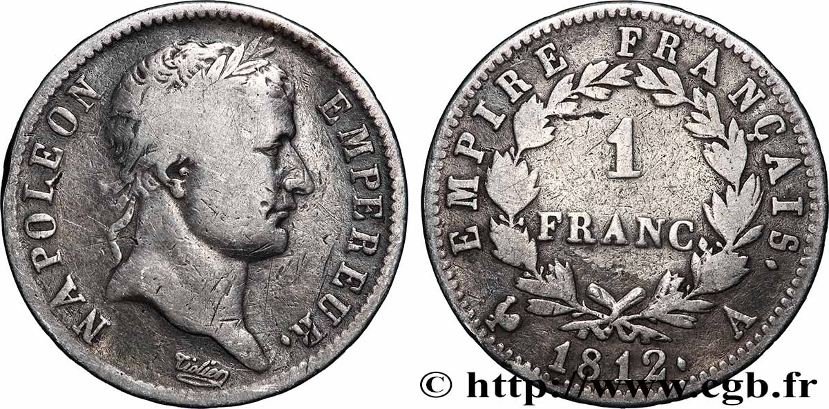 1 franc Napoléon Ier tête laurée, Empire français 1812 Paris F.205/42 VF 