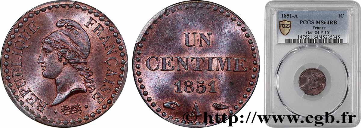 Un centime Dupré, IIe République 1851 Paris F.101/8 SPL64 PCGS