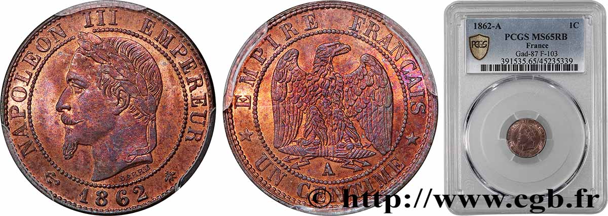 Un centime Napoléon III, tête laurée 1862 Paris F.103/4 FDC65 PCGS