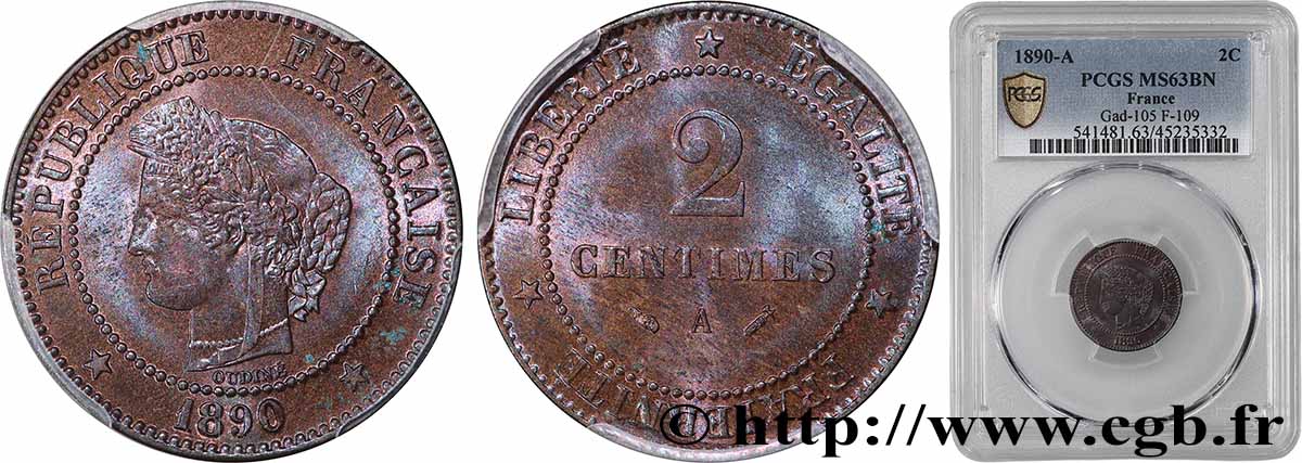 2 centimes Cérès 1890 Paris F.109/16 SPL63 PCGS