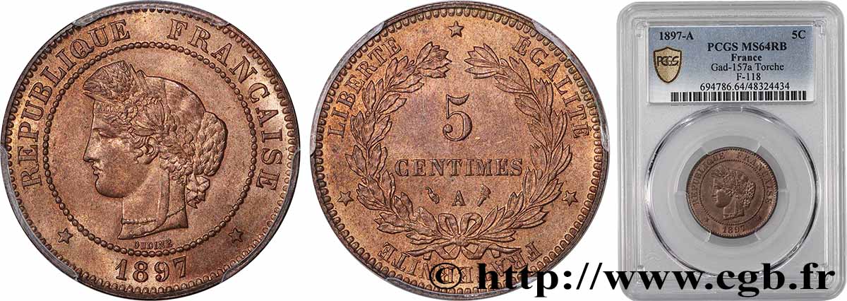 5 centimes Cérès 1897 Paris F.118/39 SPL64 PCGS