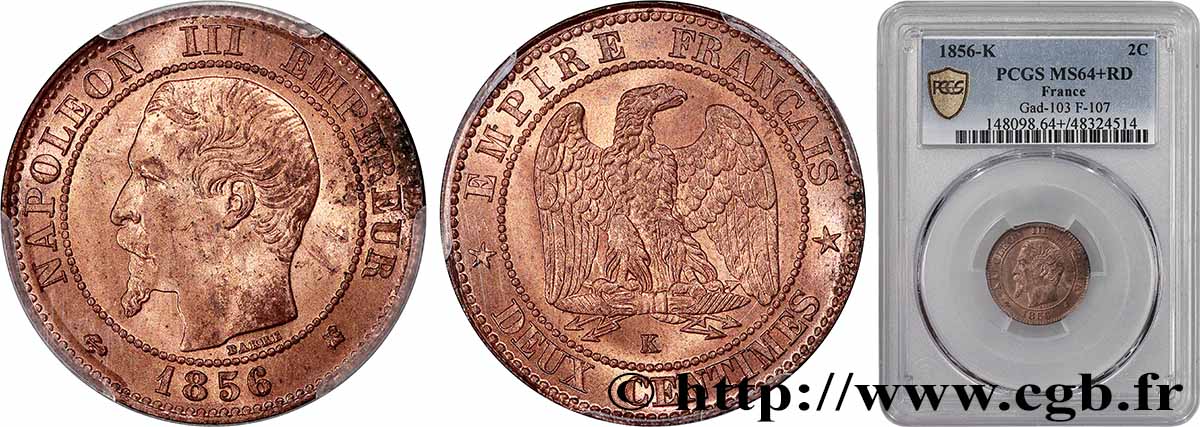 Deux centimes Napoléon III, tête nue 1856 Bordeaux F.107/41 SPL64 PCGS