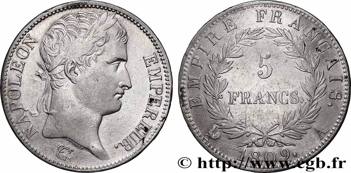 5 francs Napoléon Empereur, Empire français 1809 Paris F.307/1 BC+ 