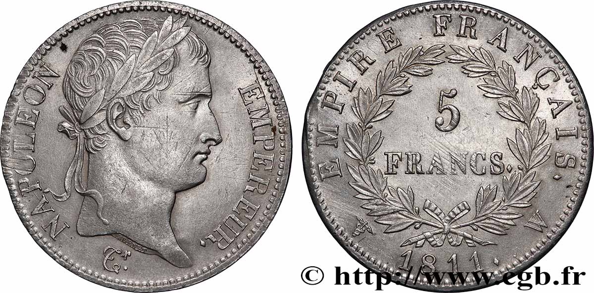 5 francs Napoléon Empereur, Empire français 1811 Lille F.307/40 TTB+ 