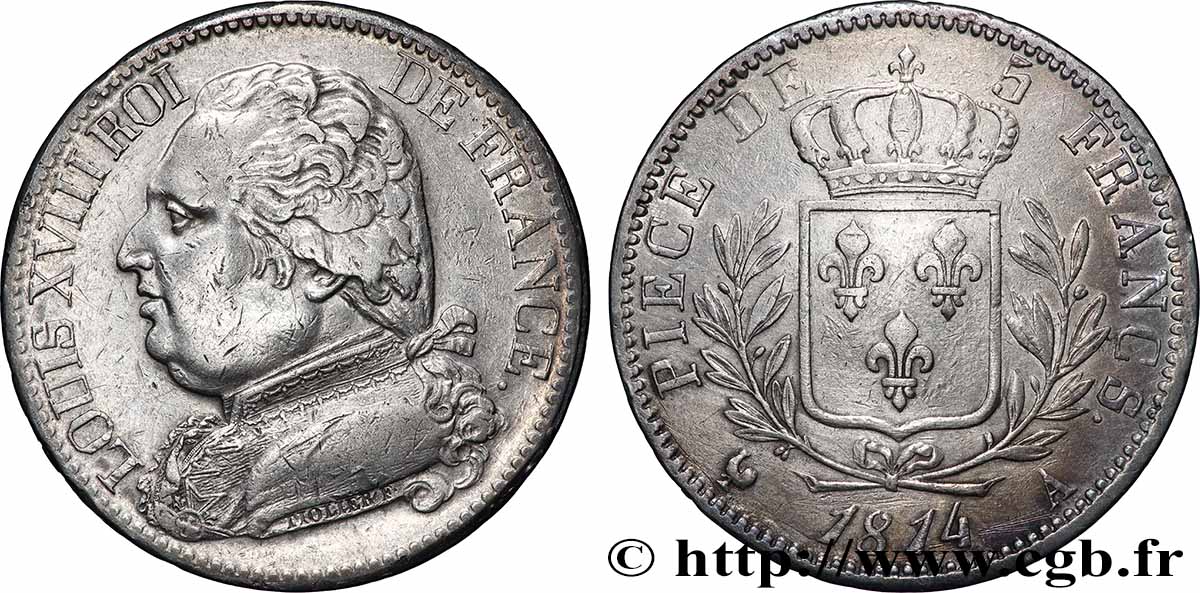 5 francs Louis XVIII, buste habillé 1814 Paris F.308/1 TTB 