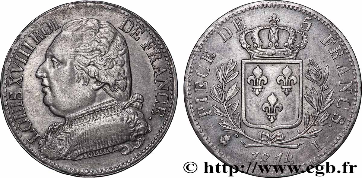 5 francs Louis XVIII, buste habillé 1814 Bayonne F.308/8 TTB+ 