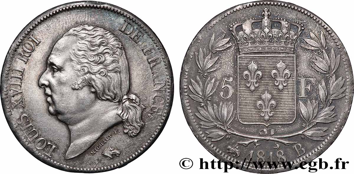 5 francs Louis XVIII, tête nue 1818 Rouen F.309/29 TTB+ 