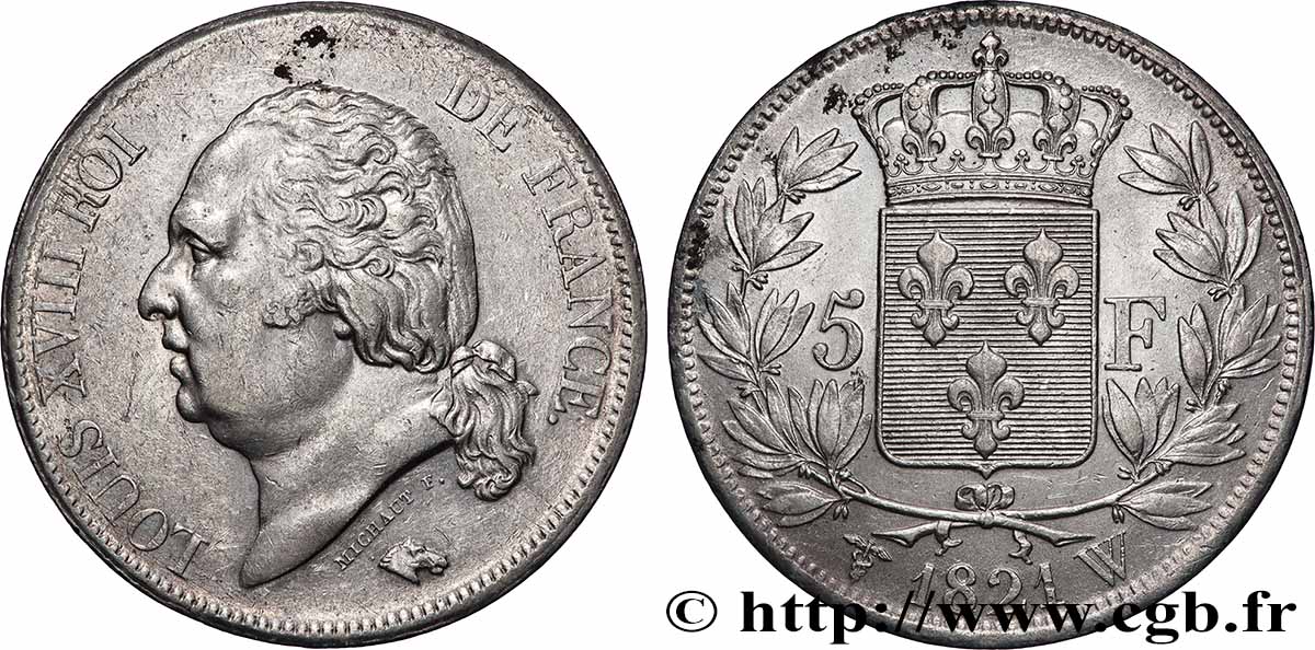 5 francs Louis XVIII, tête nue 1821 Lille F.309/67 TTB+ 