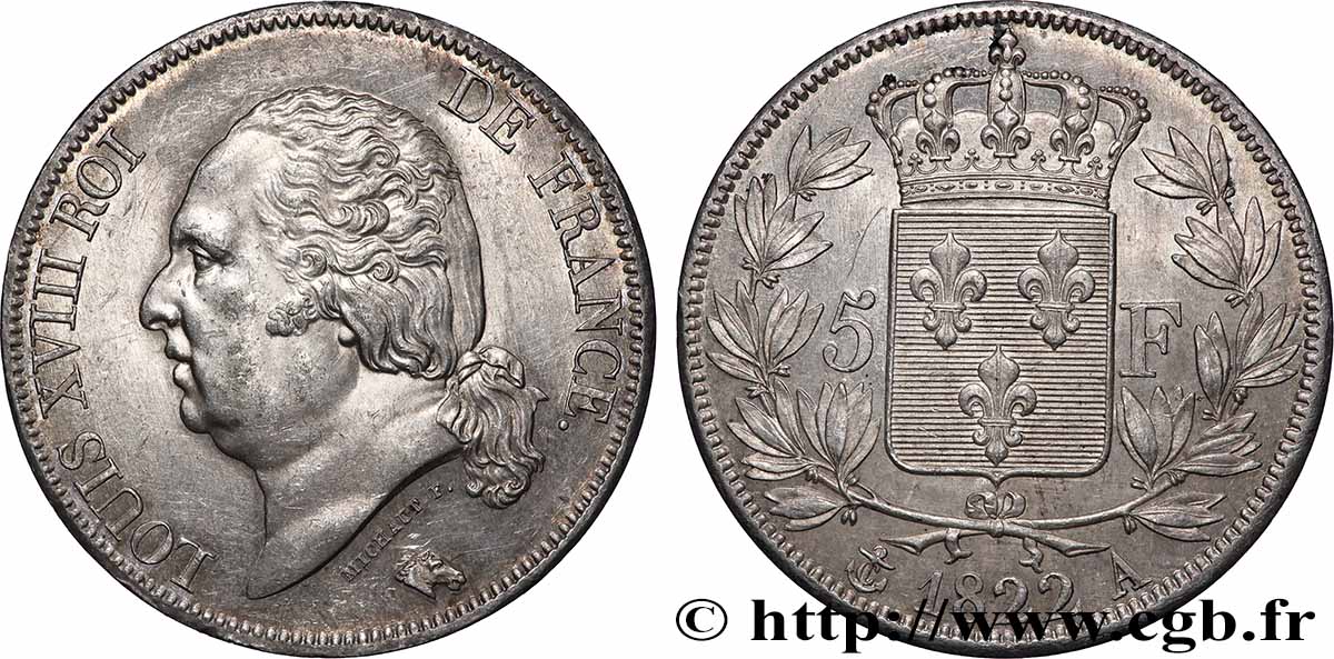 5 francs Louis XVIII, tête nue 1822 Paris F.309/68 SUP 