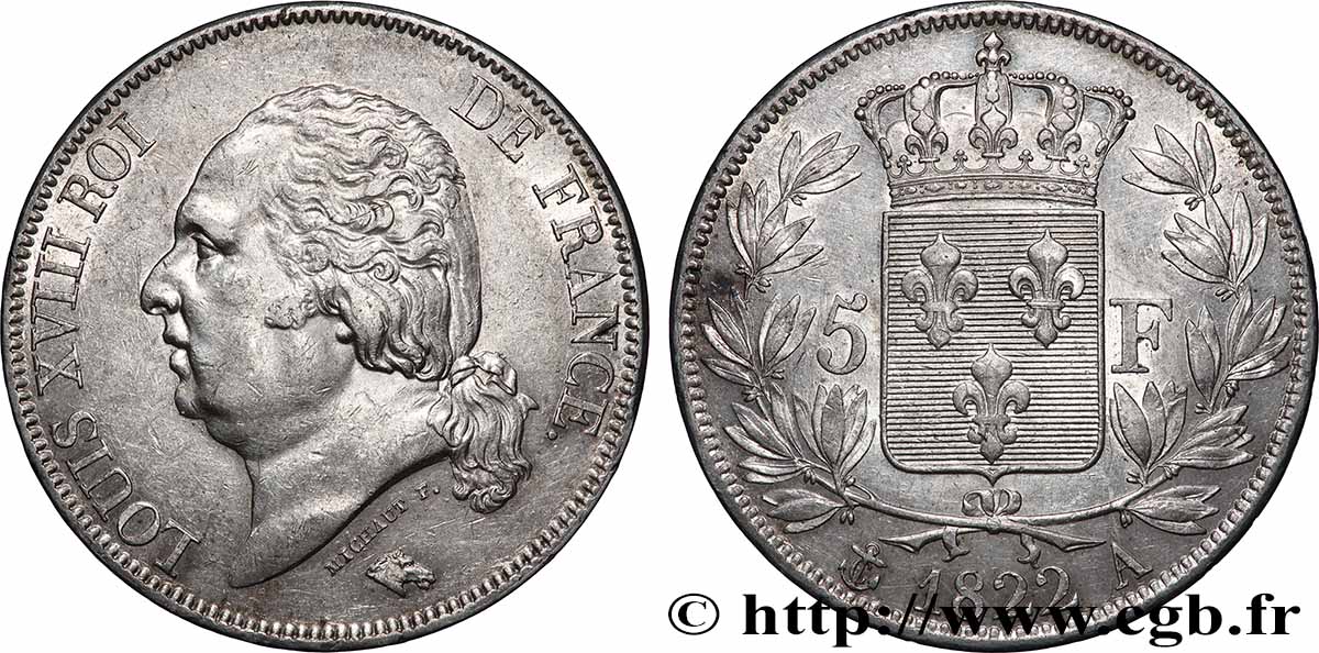 5 francs Louis XVIII, tête nue 1822 Paris F.309/68 q.SPL 