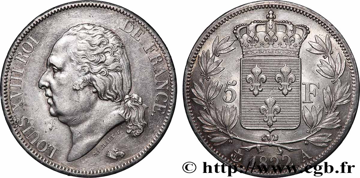 5 francs Louis XVIII, tête nue 1822 Paris F.309/68 TTB+ 
