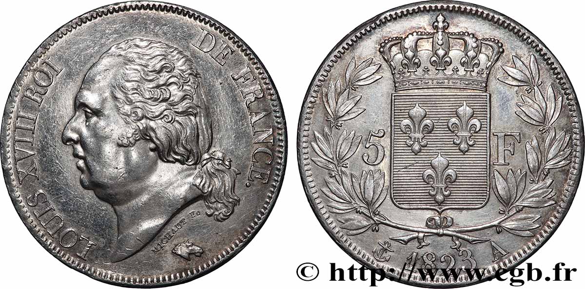 5 francs Louis XVIII, tête nue 1823 Paris F.309/76 TTB+ 