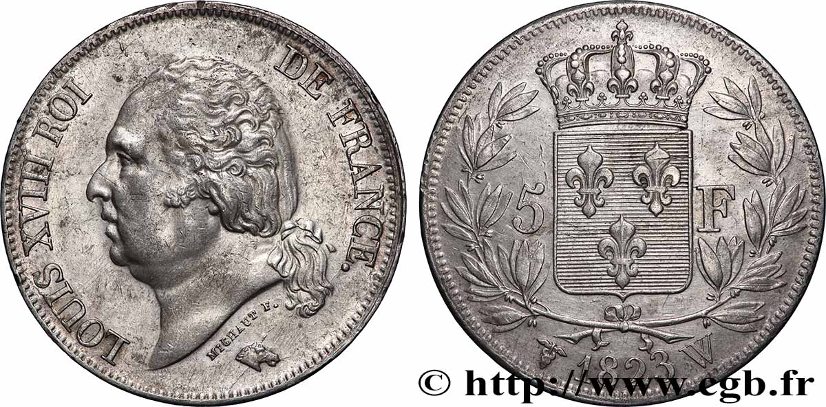 5 francs Louis XVIII, tête nue 1823 Lille F.309/87 TTB+ 