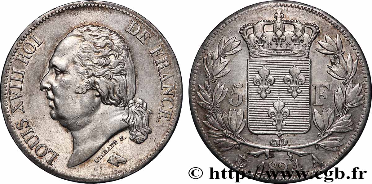 5 francs Louis XVIII, tête nue 1824 Paris F.309/88 TTB+ 