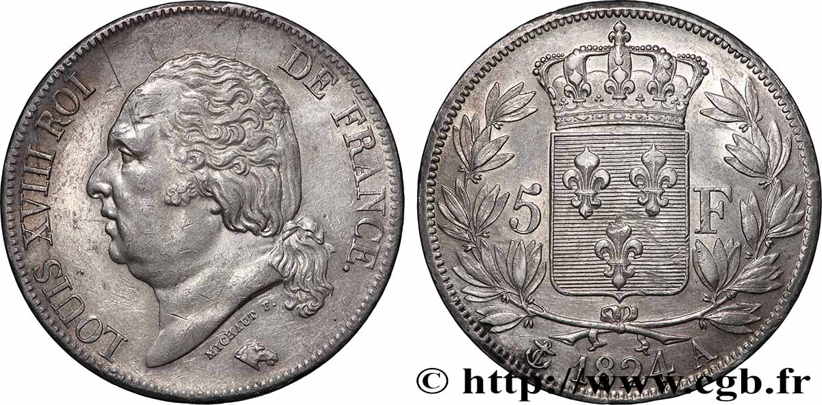 5 francs Louis XVIII, tête nue 1824 Paris F.309/88 TTB+ 