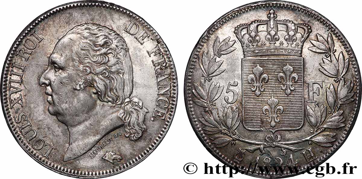 5 francs Louis XVIII, tête nue 1824 La Rochelle F.309/91 TTB+ 