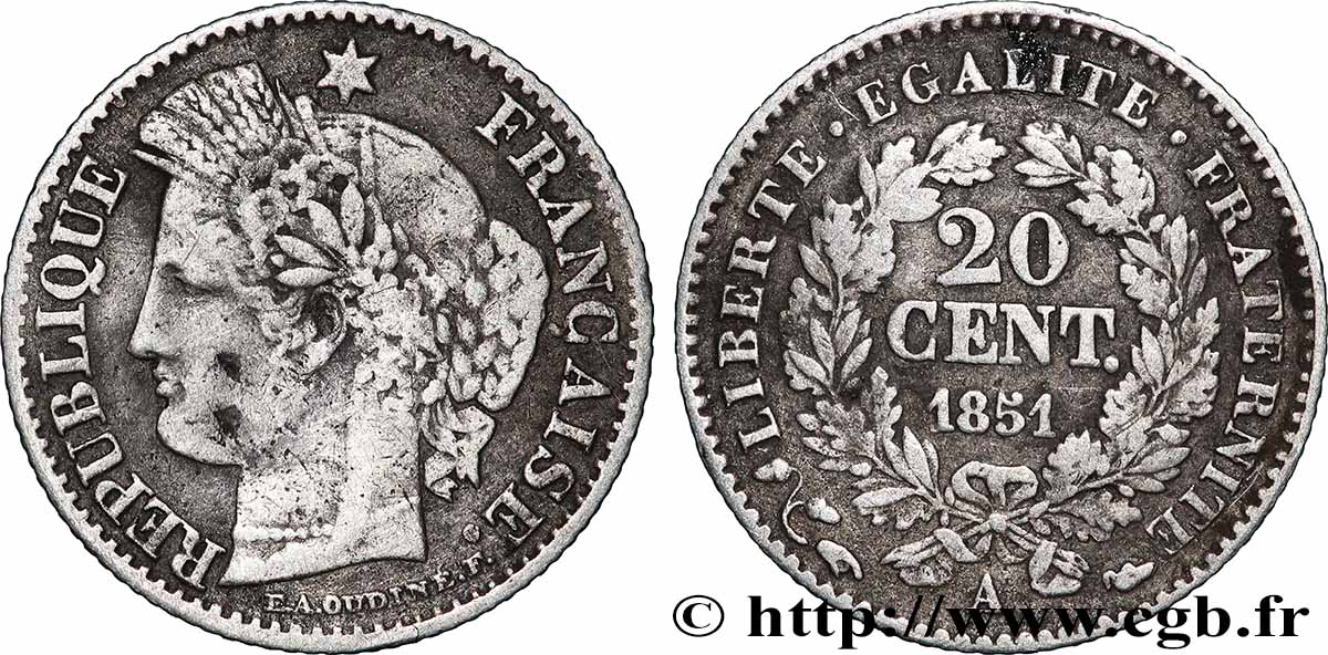 20 centimes Cérès, IIe République 1851 Paris F.146/7 S 