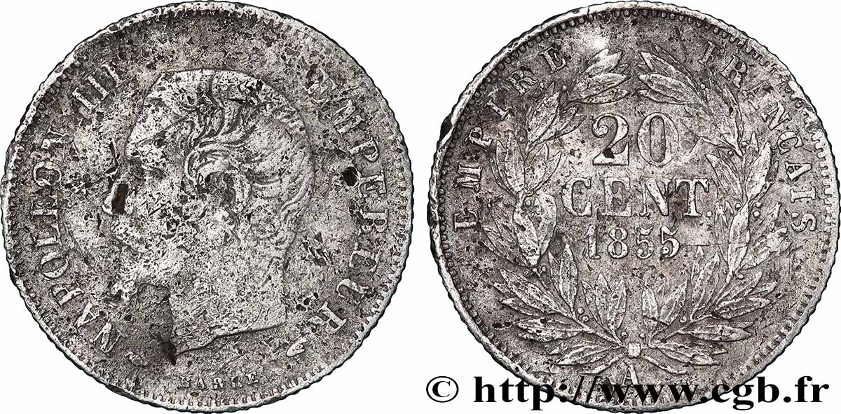 20 centimes Napoléon III, tête nue 1855 Paris F.148/3 B+ 