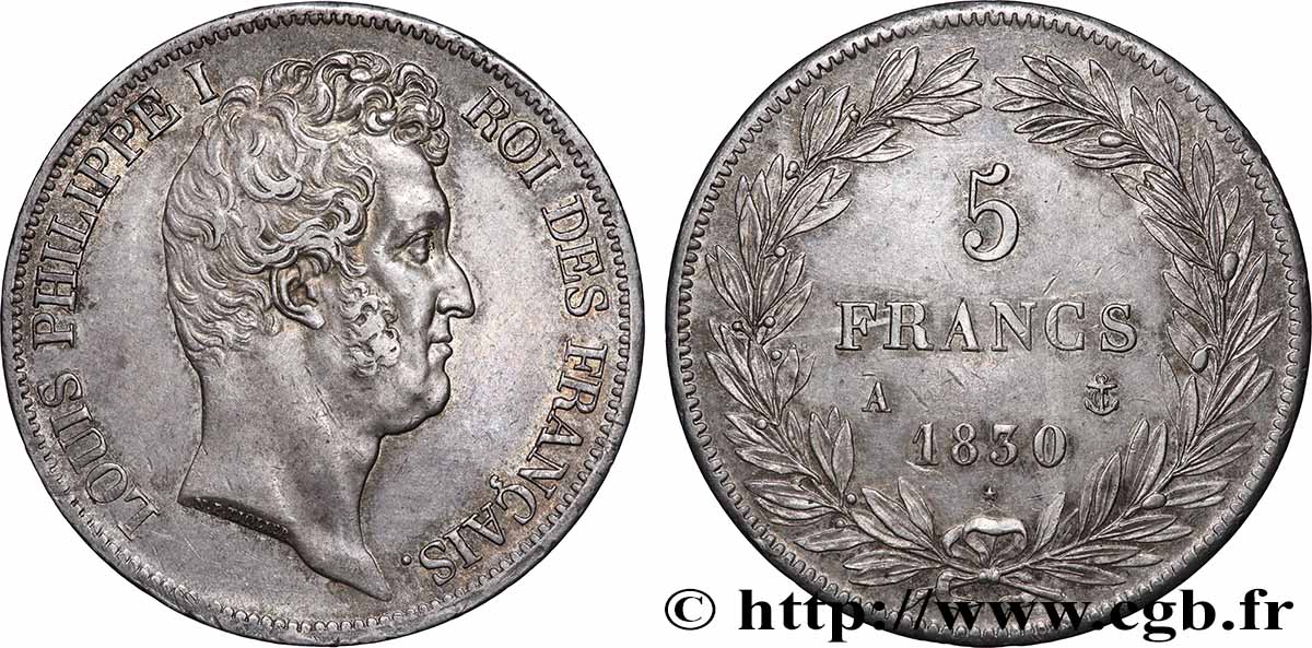 5 francs type Tiolier avec le I, tranche en creux 1830 Paris F.315/1 SUP60 