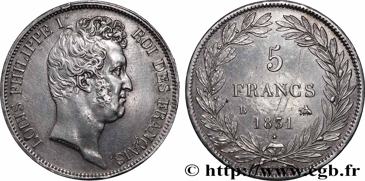 5 francs type Tiolier avec le I, tranche en creux 1831 Rouen F.315/15 TTB+ 