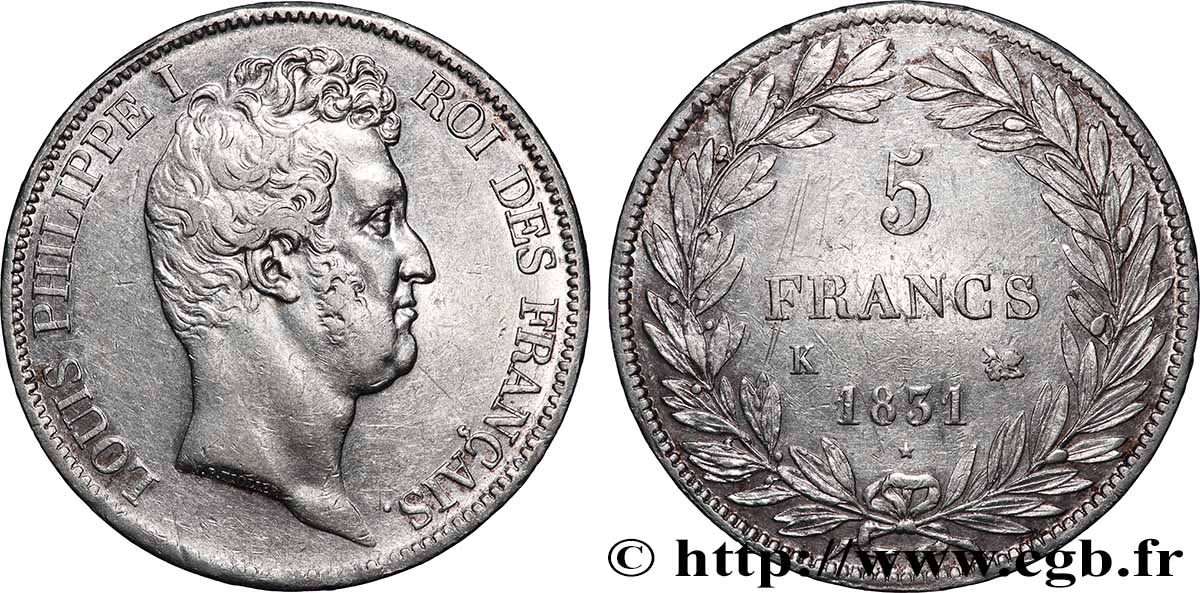 5 francs type Tiolier avec le I, tranche en creux 1831 Bordeaux F.315/20 XF 