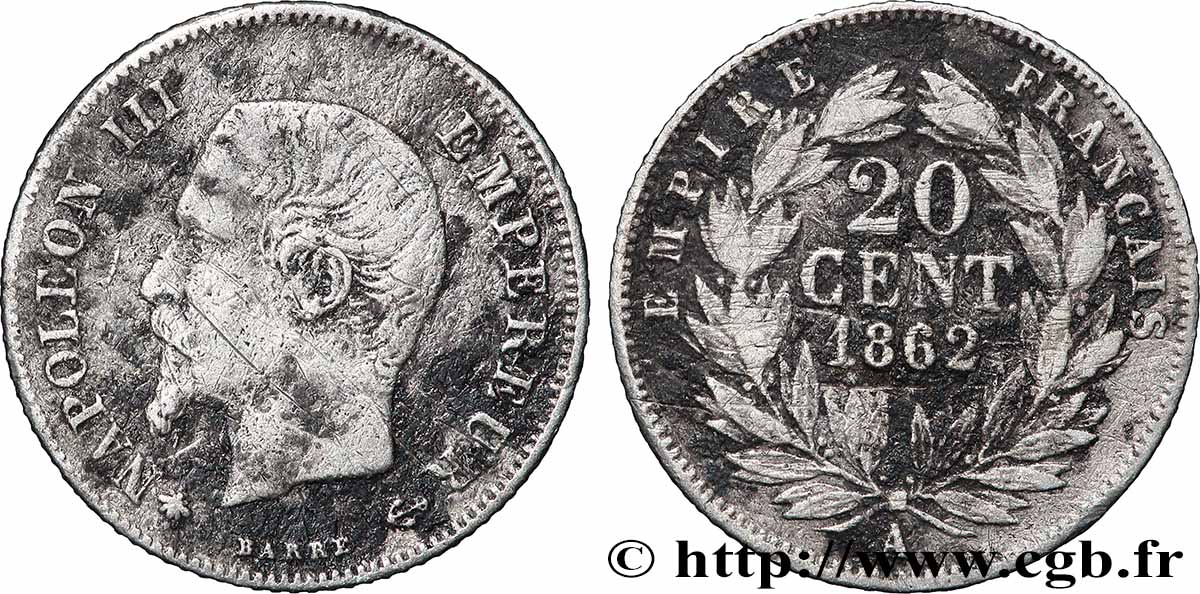 20 centimes Napoléon III, tête nue 1862 Paris F.148/17 TB 