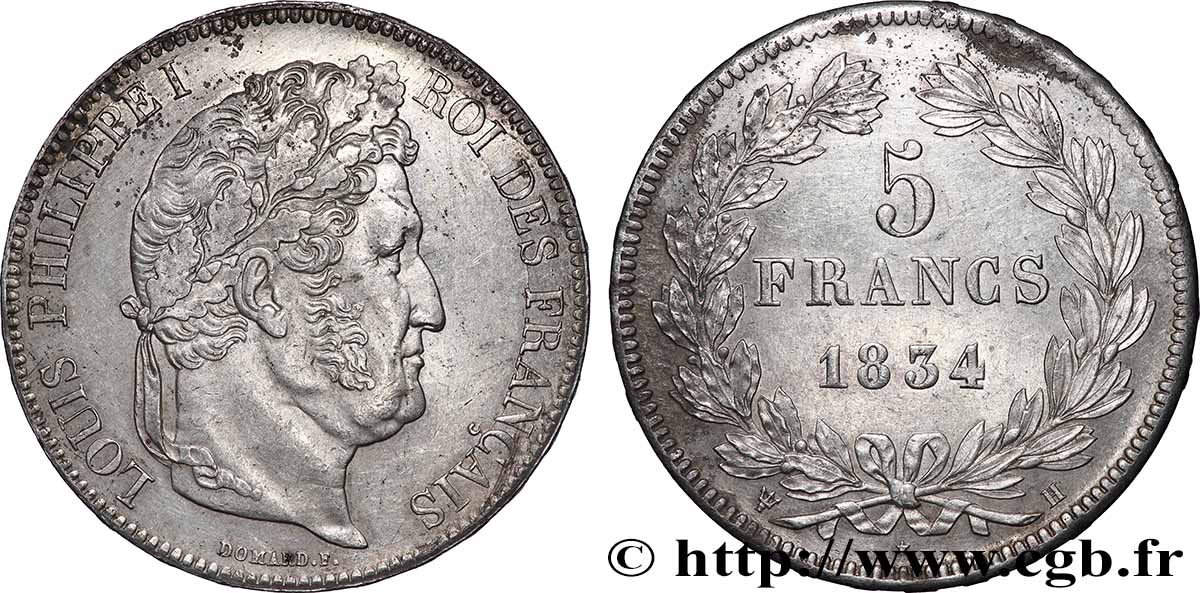 5 francs IIe type Domard 1834 La Rochelle F.324/33 TTB 