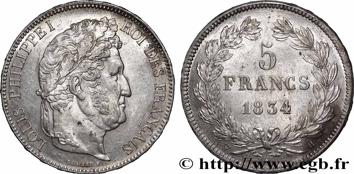 5 francs IIe type Domard 1834 La Rochelle F.324/33 TTB+ 