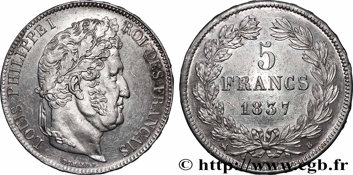 5 francs IIe type Domard 1837 Rouen F.324/62 TTB+ 
