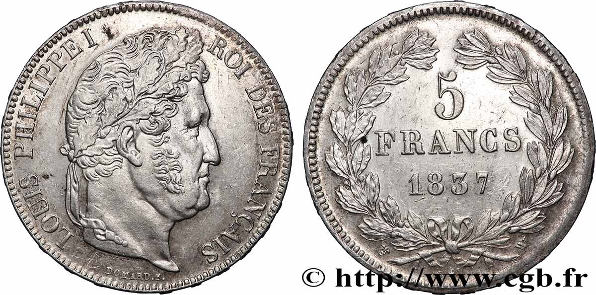 5 francs IIe type Domard 1837 Lille F.324/67 TTB+ 