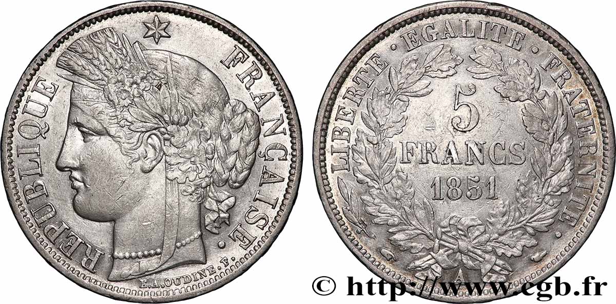 5 francs Cérès, IIe République 1851 Paris F.327/7 TTB 