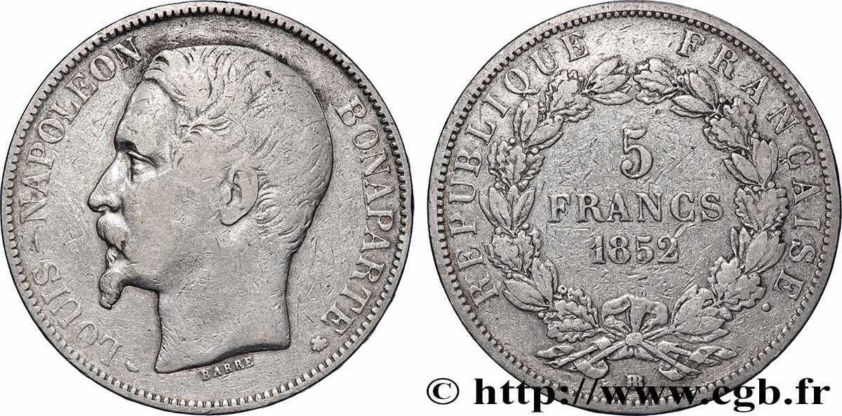 5 francs Louis-Napoléon 1852 Strasbourg F.329/3 TB 