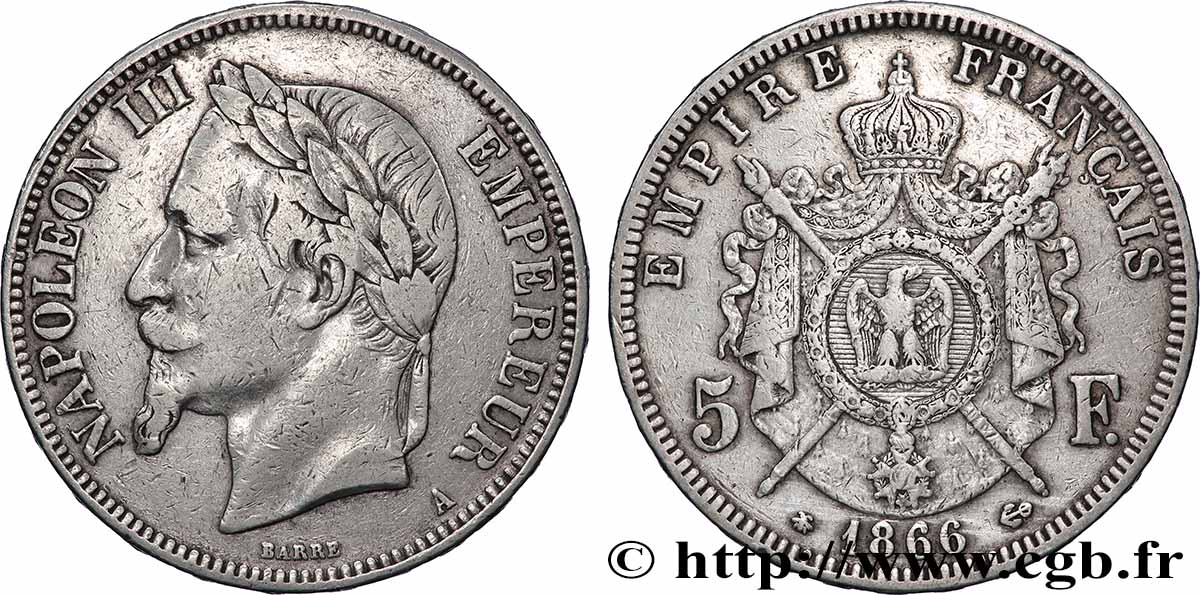 5 francs Napoléon III, tête laurée 1866 Paris F.331/9 TB 