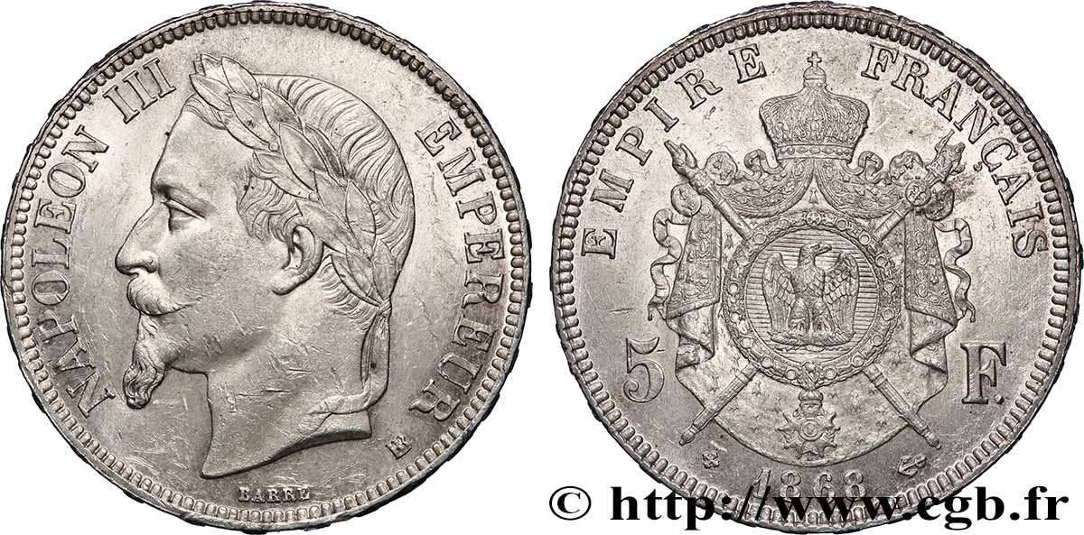 5 francs Napoléon III, tête laurée 1868 Strasbourg F.331/13 EBC58 