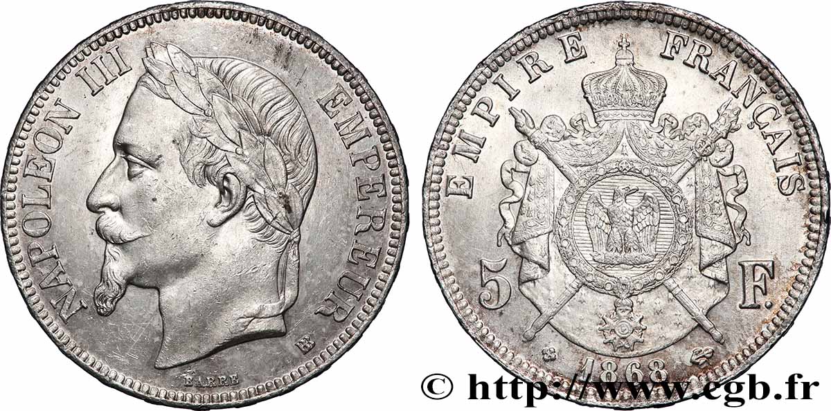 5 francs Napoléon III, tête laurée 1868 Strasbourg F.331/13 MBC+ 