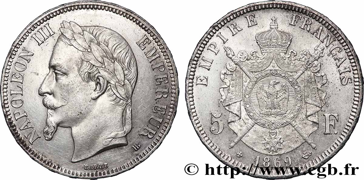 5 francs Napoléon III, tête laurée 1869 Strasbourg F.331/15 SUP 