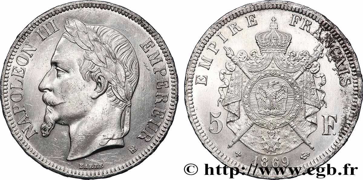 5 francs Napoléon III, tête laurée 1869 Strasbourg F.331/15 EBC 