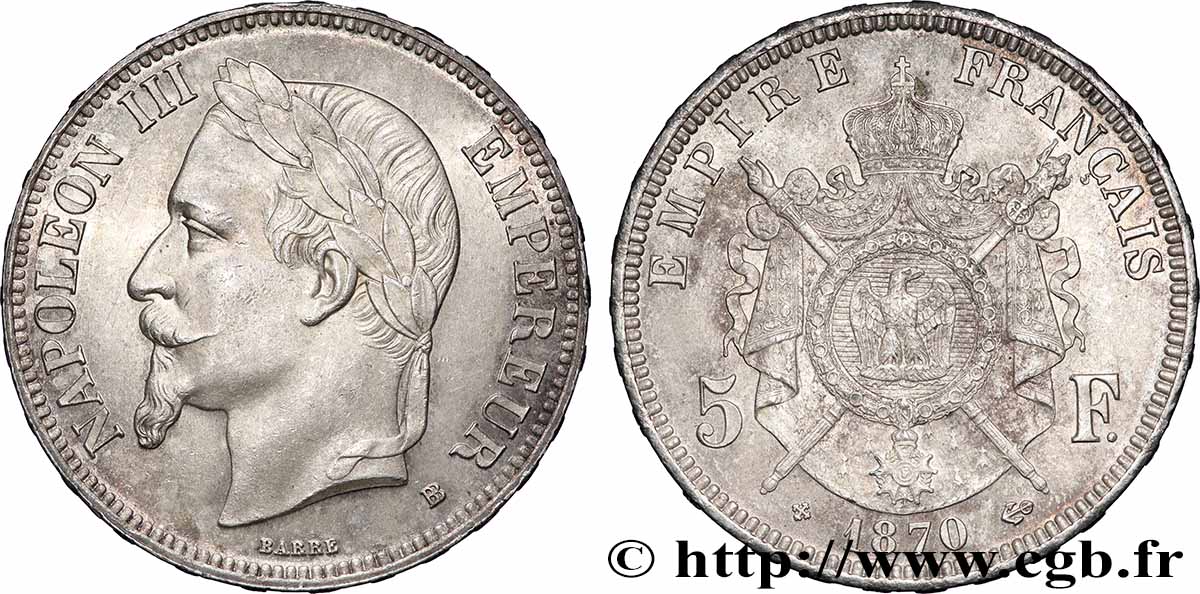 5 francs Napoléon III, tête laurée 1870 Strasbourg F.331/17 SUP62 