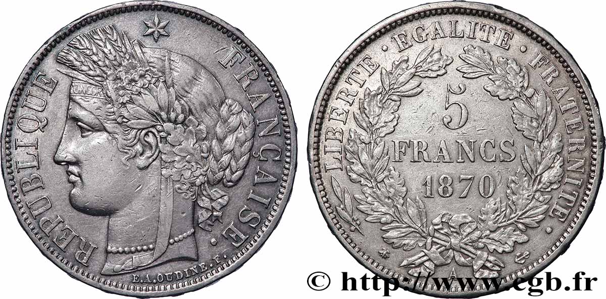 5 francs Cérès, avec légende 1870 Paris F.333/1 TTB 