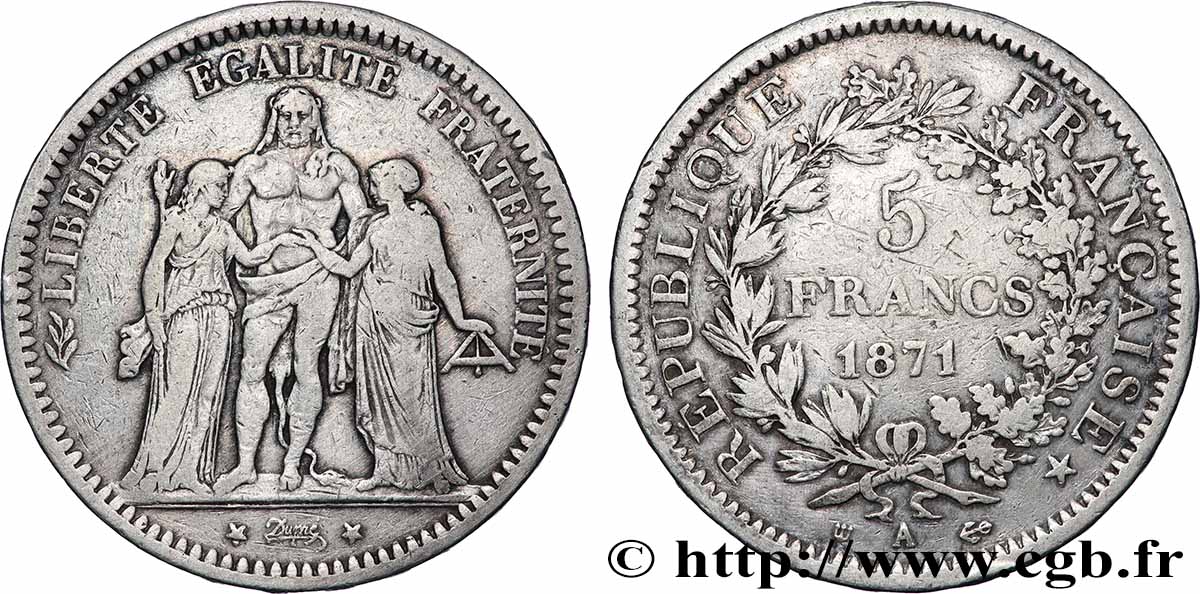 5 francs Hercule, dite “Camélinat” 1871 Paris F.334/3 MB 