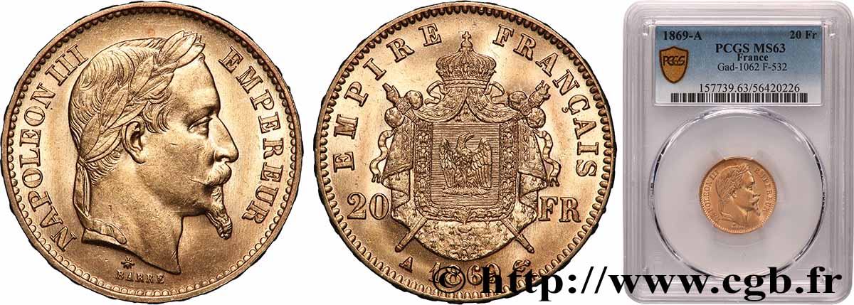 20 francs or Napoléon III, tête laurée 1869 Paris F.532/20 fST63 PCGS